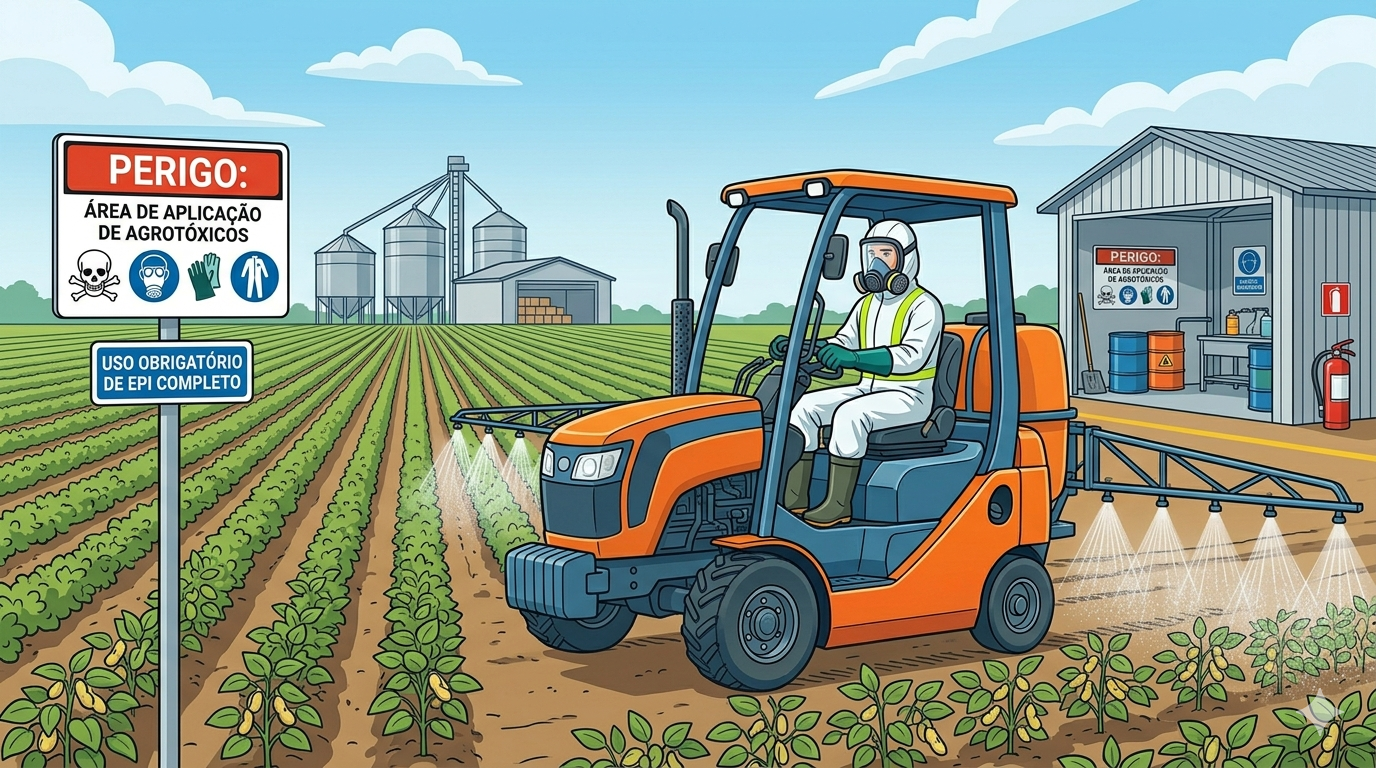 Ilustração de aplicação segura de agrotóxicos no ambiente rural