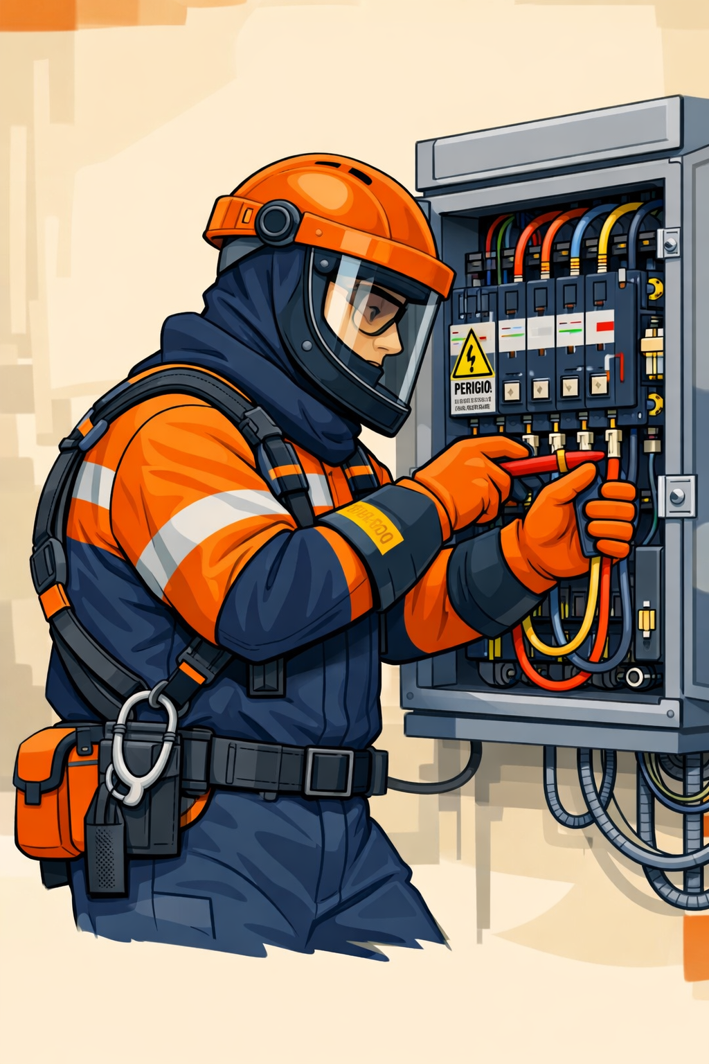 Ilustração de profissional realizando atividade com segurança elétrica