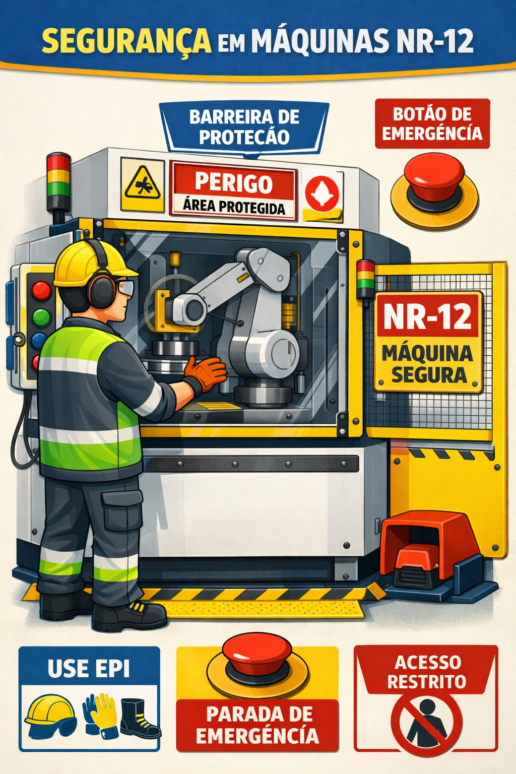 Ilustração de operação segura de máquinas e equipamentos