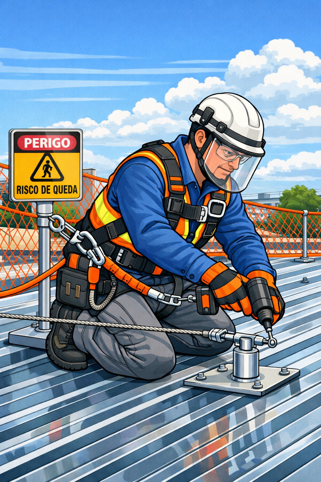 Ilustração de trabalho em altura com uso correto de EPIs e linha de vida