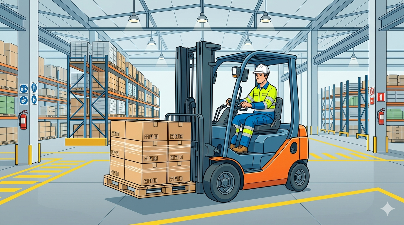 Ilustração de operador de empilhadeira em ambiente industrial