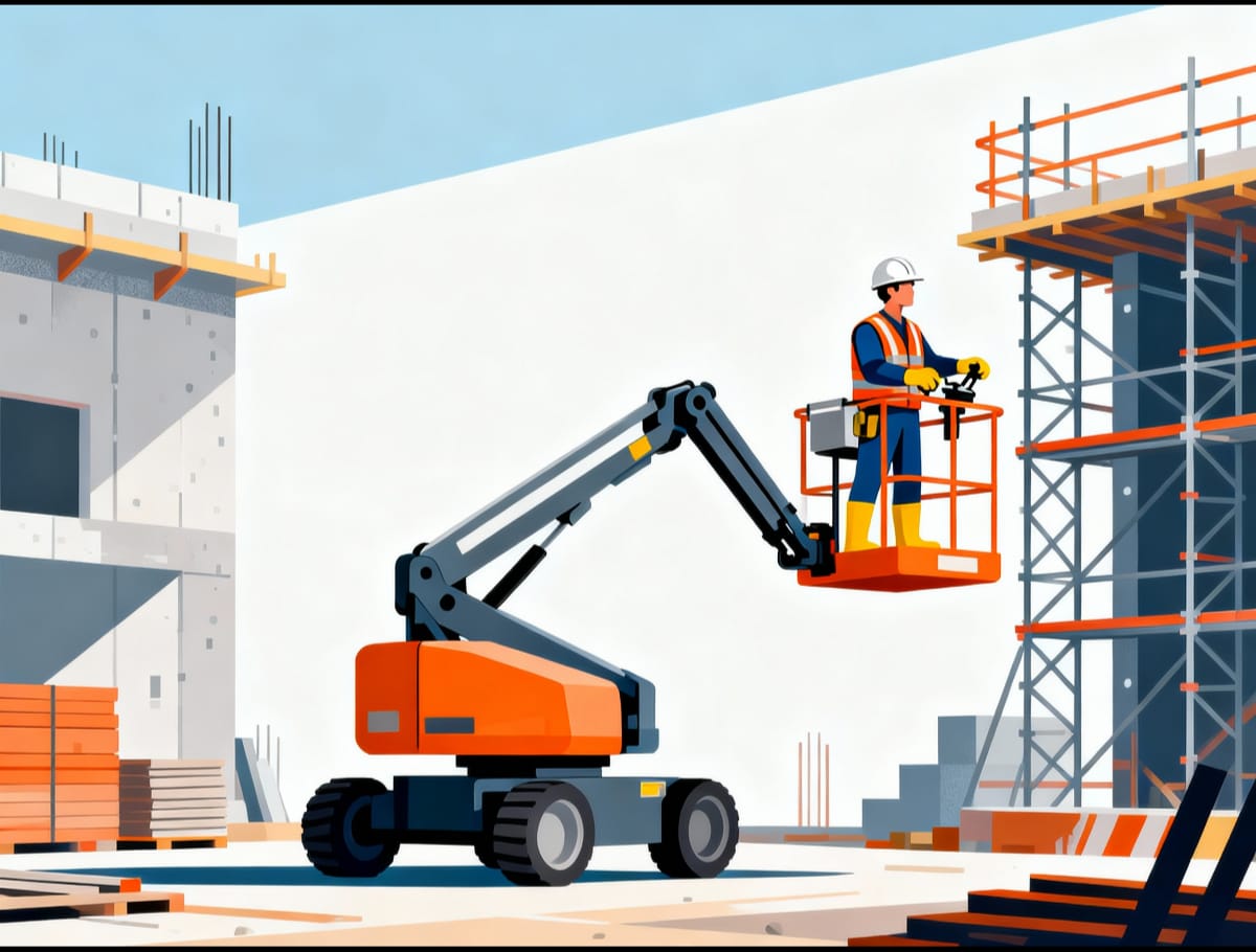 Ilustração de operador em plataforma elevatória em obra