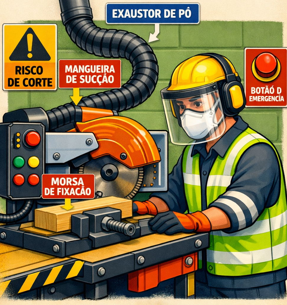 Ilustração de operação segura de serra circular