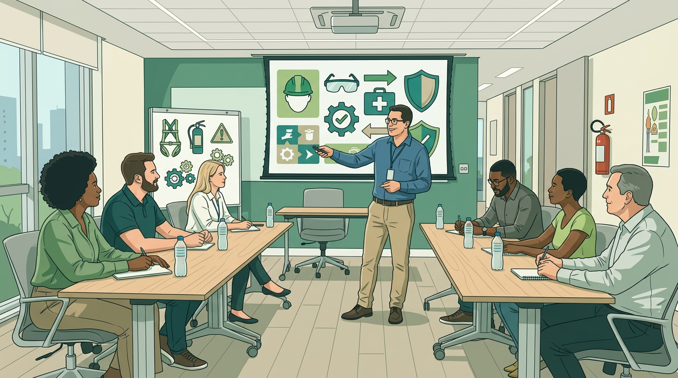 Ilustração de treinamento em sala com engenheiro orientando alunos